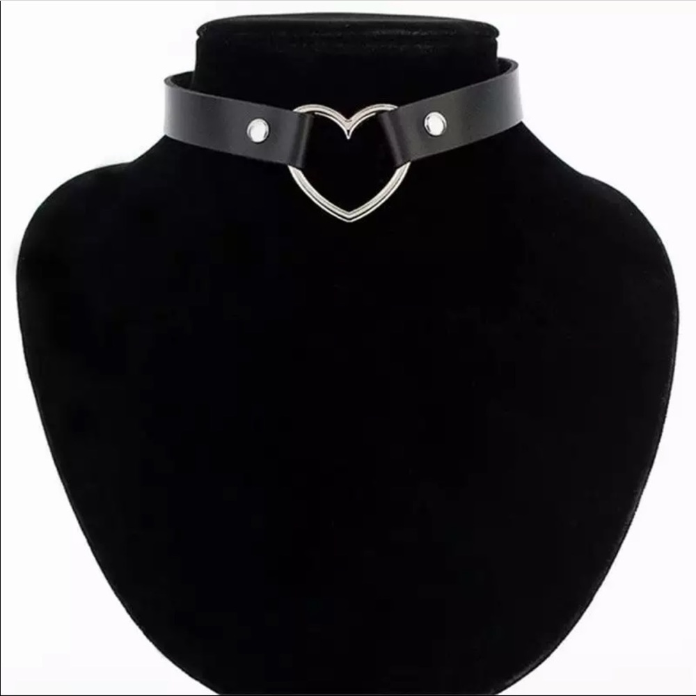 Black Leather Heart Choker Necklace